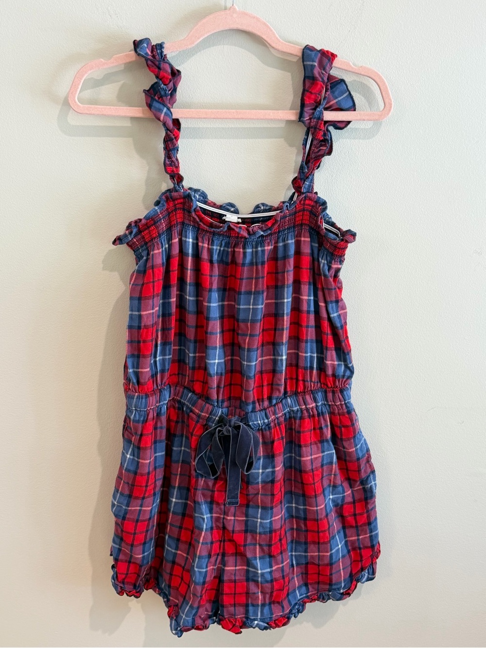 Aerie Plaid Romper Navy Velvet Bow